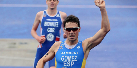 Javier Gomez of Spain celebrates as he wins ahead of Jonathan Brownlee. Photo / Getty Images
