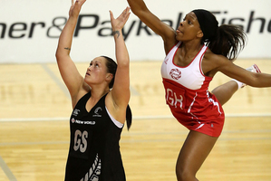 Cathrine Latu shoots under pressure from Eboni Beckford-Chambers of England. Photo / Getty Images