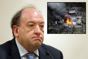 Former chief executive of the Pike River mine Peter Whittall (insert: Flames burn from a ventilation shaft above the Pike River mine). Photos / NZPA/Iain McGregor