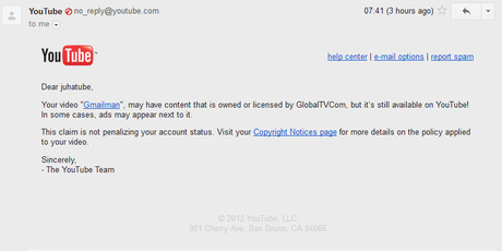 A screenshot from the warning sent to Juha about his upload to YouTube. Photo / Supplied A screenshot from the warning sent to Juha about his upload to YouTube. Photo / Supplied