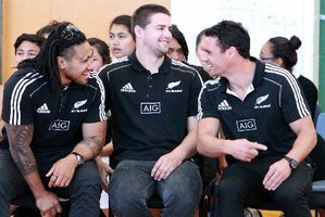 All Black Rugby players Maa Nonu, Dane Coles, Dan Carter pictured have a giggle at Flaxmere College during a visit to Hawke's Bay.