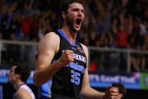 Alex Pledger of the Breakers celebrates Mika Vukona's match winning basket during the round five NBL match between the New Zealand Breakers and the Sydney Kings. Photo / Getty Images.