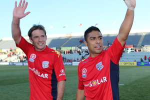 Jeronimo Neumann (L) and Cassio (R) of Adelaide celebrate after the round four A-League match between Adelaide United and the Wellington Phoenix. Photo / Getty Images.