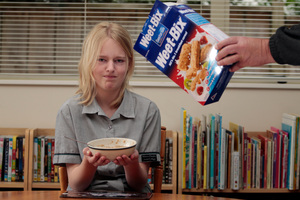 Baje Charman, 13, doesn't enjoy breakfast since the earthquake. Photo / Michael Craig