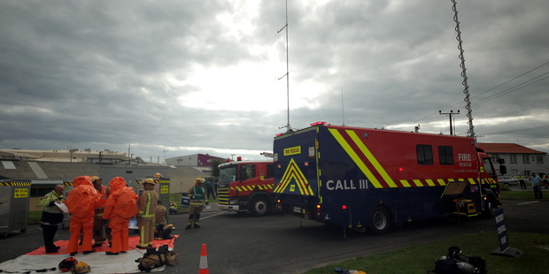 Emergency services react to the reported chemical spill at Tasman Tanning. Photo / Stuart Munro / Wanganui Chronicle