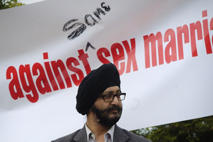 National MP Kanwaljit S Bakshi takes part in an Anti gay marriage protest. Photo / Jason Dorday