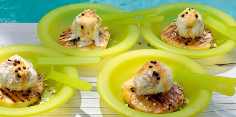 Grilled pineapple with pistachio, coconut and hokey pokey. Photo / Michael Craig