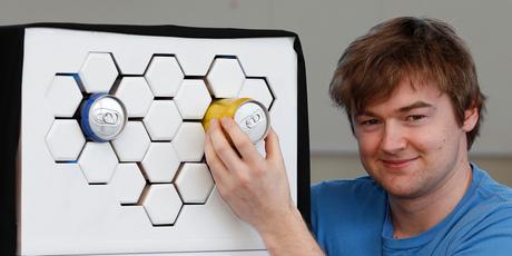 Ben de la Roche demonstrates his revolutionary refrigerator design on a concept model. Photo / Mark Mitchell