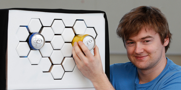 Ben de la Roche demonstrates his revolutionary refrigerator design on a concept model. Photo / Mark Mitchell