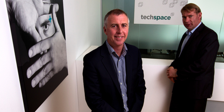 Clayton Wakefield (left) and David Graham, who started running Techspace from a cafe table, now employ 30 to 40 people. Photo / Steven McNicholl