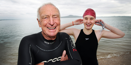 Peter Morley, 78, and Sarah Burmester, 18, at St Heliers Beach, Auckland. Photo / Doug Sherring