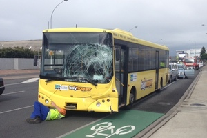The bus involved in this morning's accident. Photo/ Alan Gibson