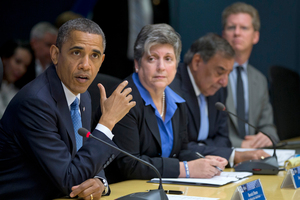 Voters will observe how Barack Obama handles Superstorm Sandy. He's pictured discussing the disaster with Cabinet members. Photo / AP