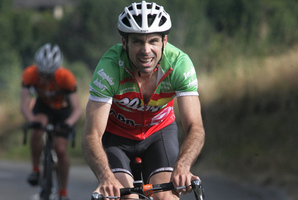 Steve Stannard, pictured leading on the Te Mata Peak climb in the Hub Open Two-Day Cycling Tour, still cycles competitively. Photo / APN