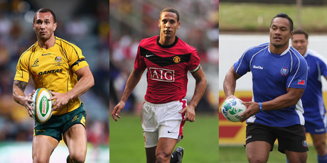 Quade Cooper (left), Rio Ferdinand (Centre) and Eliota Fuimaono-Sapolu. Photo / Getty Images.
