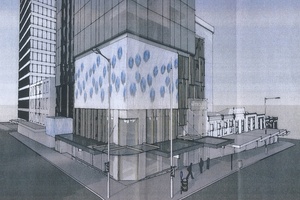 The black-toned glass building will feature two storeys of LED screens. Photo / Supplied