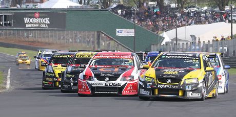 Race one startline negotiations between the top V8 SuperTourers qualifiers as they head into the esses at Pukekohe Park Raceway. Photo / Supplied
