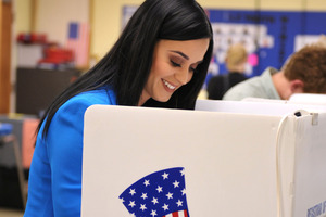 Singer Katy Perry casts her election ballot at a polling place in Los Angeles. Photo / AP