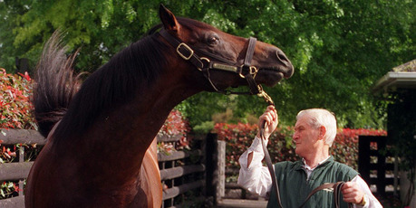 Sir Patrick Hogan with Zabeel, who will have four of his progeny in the Melbourne Cup tomorrow. Photo / Brendon O'Hagan