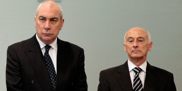 Gary Urwin (right) and Peter Steigrad (left), two of the three former Bridgecorp directors who are being sued for $442 million. Pictures / Brett Phibbs