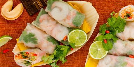 Vietnamese rice paper rolls with mint, fish sauce and basil. Photo / Babiche Martens
