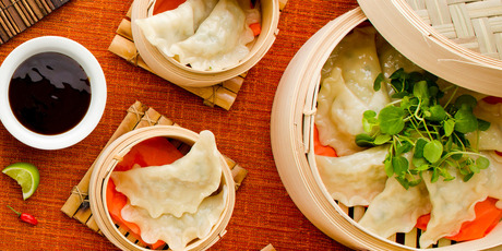 Crab, garlic chive and chestnut steamed dumplings. Photo / Babiche Martens