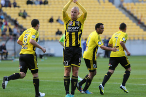 Stein Huysegems of the Phoenix celebrates his goal during the round three A-League match between the Wellington Phoenix and Brisbane Roar at Westpac Stadium. Photo / Getty Images.