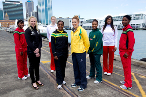 Netballers Mwai Kumwenda (Malawi), Laura Langman (NZ), Joanne Harten (UK), Nadine Bryan (Jamaica), Alissa Macleod (Aust), Simi Mdaka (SA), Eboni Beckford-Chambers (UK) and Joanna Kachilika (Malawi). Photo / Dean Purcell