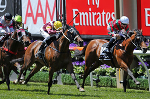 Nash Rawiller (left) rides Kelinni past James McDonald on Dare To Dream to win the Lexus Stakes yesterday. Photo / Getty Images