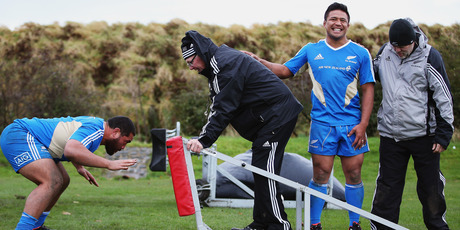 Charlie Faumuina runs through scrum drills during an All Black training session at Peffermill University in Edinburgh. Photo / Hannah Johnston