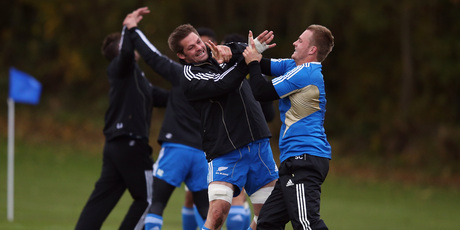 Richie McCaw (left) and Sam Cane run through drills during a training session in Edinburgh. Photo / Hannah Johnston
