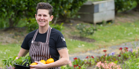 Chef Sara Simpson of the Tasting Shed, Kumeu, in the kitchen garden. Photo / Richard Robinson