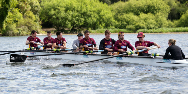 Northern Districts Cricket Team try a rowing team building experience at Lake Karapiro last month. They had less fun today, making only 204 in their first innings against Otago. Photo / Doug Sherring