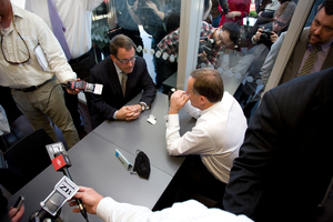 John Banks and John Key in a huddle during their now-infamous cup of tea. Photo / Dean Purcell