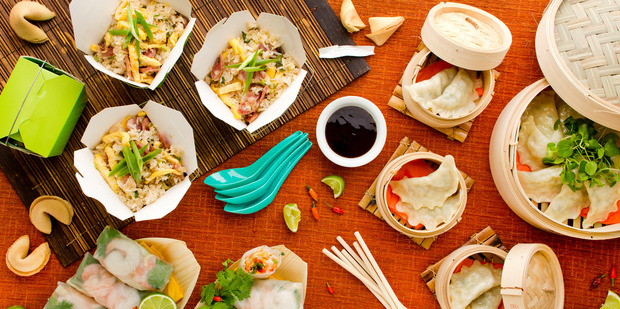 (Clockwise top left) Fried rice; crab, garlic chive dumplings; and Vietnamese rice paper rolls. Photo / Babiche Martens
