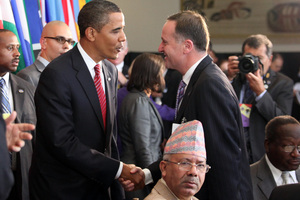 US President Barack Obama, left, with New Zealand Prime Minister John Key at a United Nations lunch in 2009. Photo / NZPA File