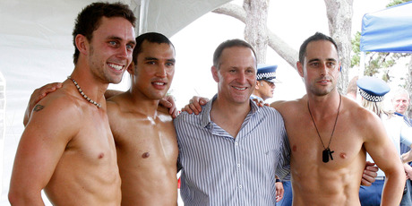 John Key shows his support during the Big Gay Out in Auckland in 2010 and MP Kevin Hague (left). Photo / NZPA