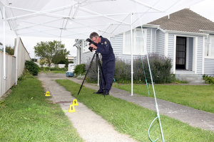 Senior constable Bob Hooker at the scene of the assault that landed fireman Peter Fisher in ICU. Photo / Lynda Feringa