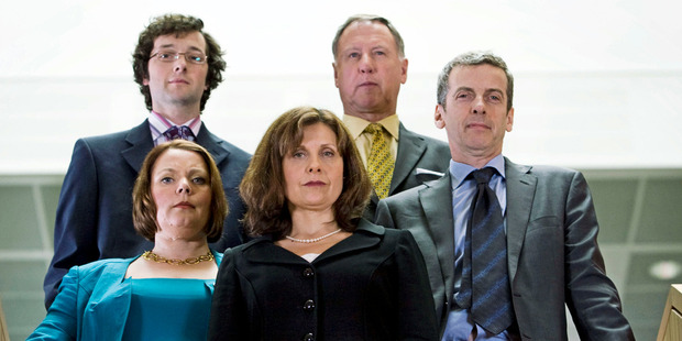 Rebecca Front (centre) and Peter Capaldi (front right) square off in The Thick of It. Photo / Supplied