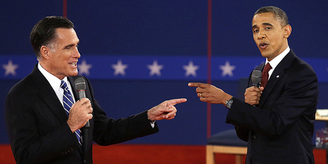 Republican presidential candidate Mitt Romney and President Barack Obama spar during the second presidential debate at Hofstra University in Hempstead, New York. Photo / AP