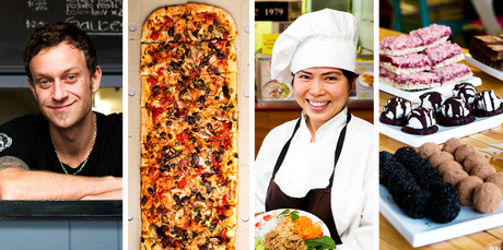 (From left) The Flaming Onion's Alistair Bingle; Toto's metre-long boscaiola pizza; Owner/chef Oanh Huynh of Mekong Vietnamese with a Buddhist salad;and goodies from Little Bird. Photo / Babiche Martens