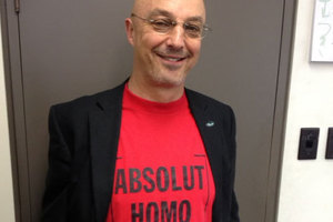 Kevin Hague with his proudly open 'gay red top'. Photo / Audrey Young