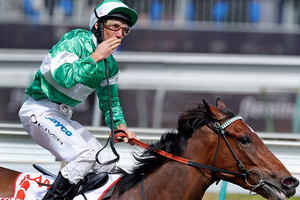 Melbourne jockey Damien Oliver rarely makes extravagant salutes after winning notable races. Here he enjoys Fiveandahalfstar's victory in the Victoria derby last Saturday.Picture / Getty Images