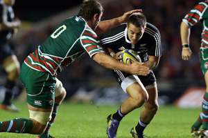 Louis Deacon of Leicester Tigers is tackles Andre Taylor of the Maori All Blacks. Photo / Getty Images.