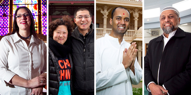 Dr Kerryn Olsen at Holy Trinity Cathedral, Patrick You and Vigee Li at Fo Guang Shan, Dr Sairam Iyer at the Swaminarayan Mandir Temple and Firoz Patel at the Ponsonby Mosque. Photo / Natalie Slade
