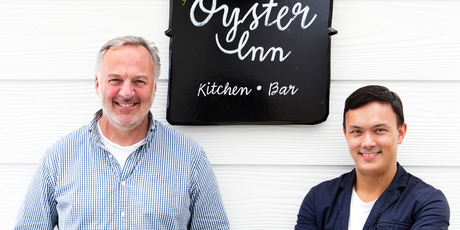 Jonathan Rutherfurd-Best and Andrew Glenn outside The Oyster Inn on Waiheke Island. Photo / Babiche Martens