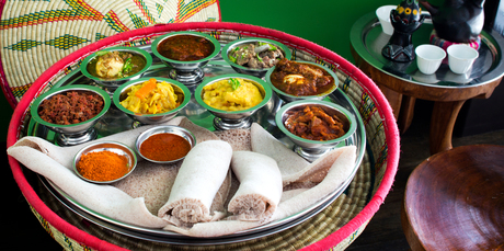 Enjera bread with a selection of curries from Cafe Abyssinia. Photo / Babiche Martens