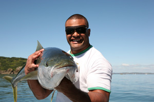 Rugby player Sammy Tuitupou caught his first kingfish slow trolling at The Noises. Photo / Geoff Thomas