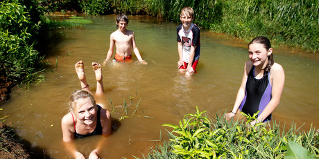 Manawaru School pupils Riannon Vickers (12), Sergio Schuler (12), Jeremy Blair (12) and Belinda Hendriks (13) can now enjoy swimming in the Te Horo stream following the Enviroschools clean-up project. Photo / Christine Cornege