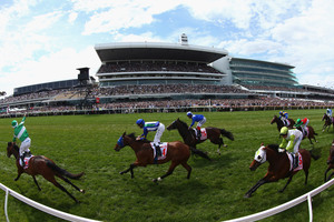 Rawnaq (No 15) finishes an unlucky third to Fiveandahalfstar in the Victoria Derby. He could make amends at Sandown on Saturday. Photo / Getty Images